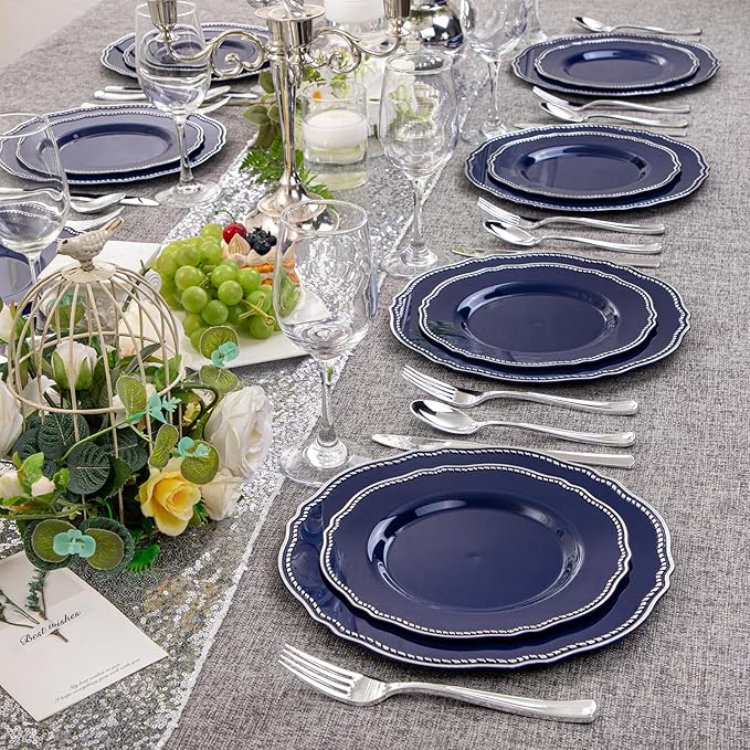 Hioasis 60pcs Blue Plastic Plates - Blue and Silver Disposable Dinnerware with Gold Rim, Heavy-duty, 10.25 inch, Dinner Plates for Party & Wedding