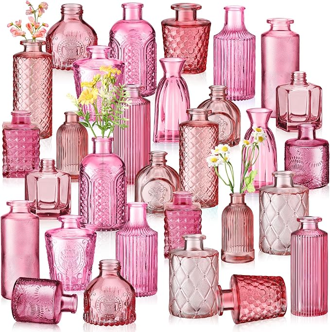 Yaomiao 30 Pcs Vases Bulk Colored Flower Glass Vases Bud Vintage Colored Glass Bottles Colorful Rustic Embossed for Home Wedding Table Decorations Gifts(Pink Series)