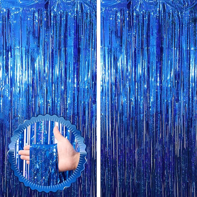 2 Pack Blue Tinsel Foil Fringe Curtains, Blue Party Decorations, Metallic Tinsel Party Streamers Backdrop for Birthday Baby Shower Graduation Wedding Anniversary Party Decorations