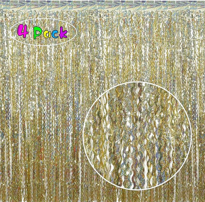 4 Pack Wavy Sparkle Champagne Gold Metallic Tinsel Foil Fringe Curtains Photo Booth Backdrop | Gold Streamer Backdrop for Holiday Celebration Bachelorette Party Decorations