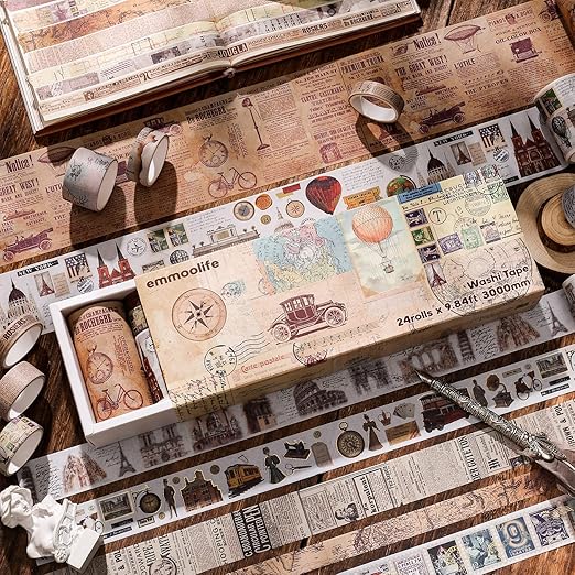 24 Rolls Vintage Washi Tape Set, Antique Car Buildings Map Stamp Stripe Writable Aesthetic Washy Decorative Tapes for Scrapbooking, Junk Journal Supplies, Bullet Journaling 5-75mm Wide (3m Long)/Roll