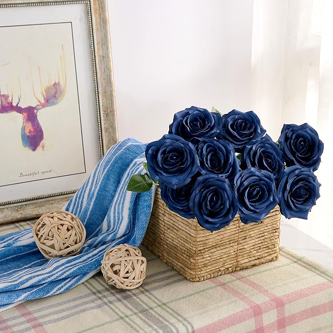 Artificial Rose 10pcs Open Flower Bouquet Navy Blue Faux Rose Stems for Wedding Arrangement, Bridal Bouquet, Centerpiece, Fake Faux Silk Flowers