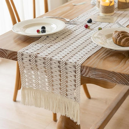 Boho Table Runner White for Home Decor 12x48 Inches Farmhouse Macrame Burlap Jute Rustic Dining Kitchen Centerpiece Bohemian Decor French Country Baby Bridal Shower Decorations