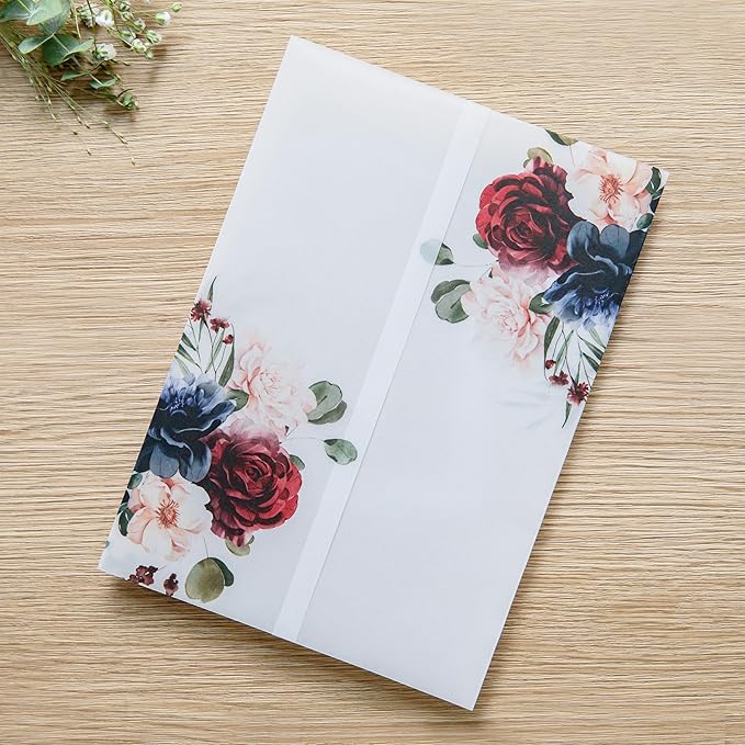PONATIA 50 PCS 135gsm Vellum Jackets for 5x7 Invitation Cards - Burgundy and Navy Blue Flowers Printed Vellum Sleeves, Wedding Invitation Cards Wraps, Transparent Christmas Gift Cards Jackets