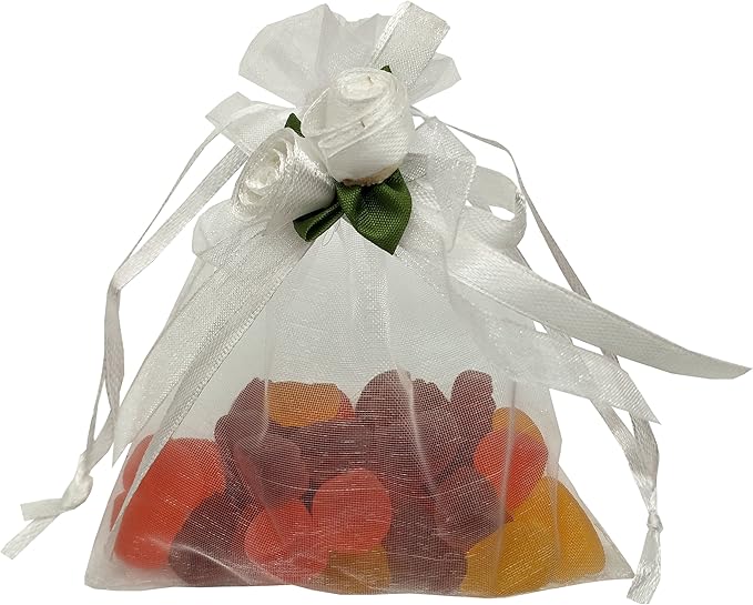 Ankirol 50pcs Sheer Organza Favor Bags For Wedding 3.8x4.8'' Gift Bags Samples Display Drawstring Rose Pouches (white)