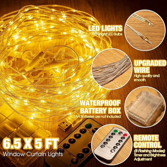 Curtain Window String Lights 6.5 x 5 Feet LED Copper Tapestry Backdrop Twinkle Fairy Lights Battery Operated 8 Modes Lights Remote Control USB Powered Light Above Bed for Wedding Party