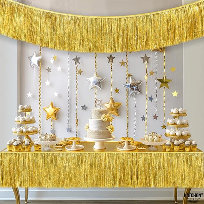 KatchOn, Pack of 2 Gold Fringe Garland - Gold Tinsel Banner for Birthday Party Decorations, Bridal Shower | Golden Foil Curtains for Golden Party Decor, Wedding, New Years Decorations