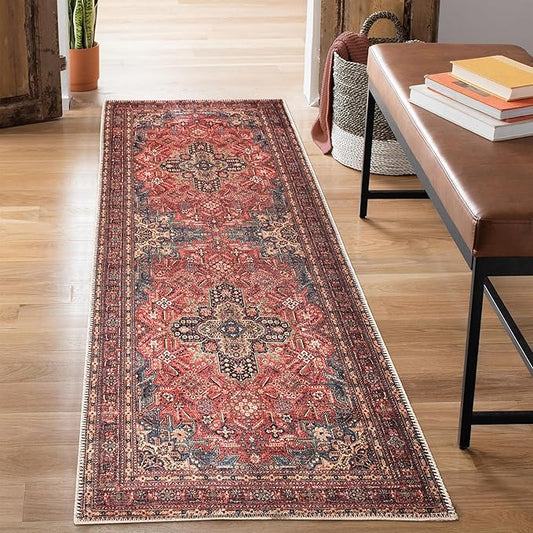 Bloom Rugs Washable Non-Slip 12 ft Runner - Red/Teal Blue/Yellow Traditional Medallion Runner for Entryway, Hallway, Bathroom, and Kitchen - Exact Size: 2.5' x 12'