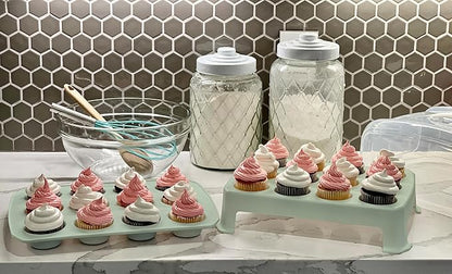 Cupcake Carrier, EXTRA TALL LID, Green Cupcake Holder Carries 24 Standard-Size Cupcakes, Muffin Traveler Two Tier Stand Reusable Cupcake Box