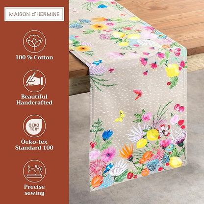 Maison d' Hermine Table Runner 100% Cotton Double Layer Table Runners 72 inches Long Decorative for Home Kitchen Dining Party Wedding Bridal Shower Spring Summer (Jardin D'Ete - Fog, 14.50" x 72")