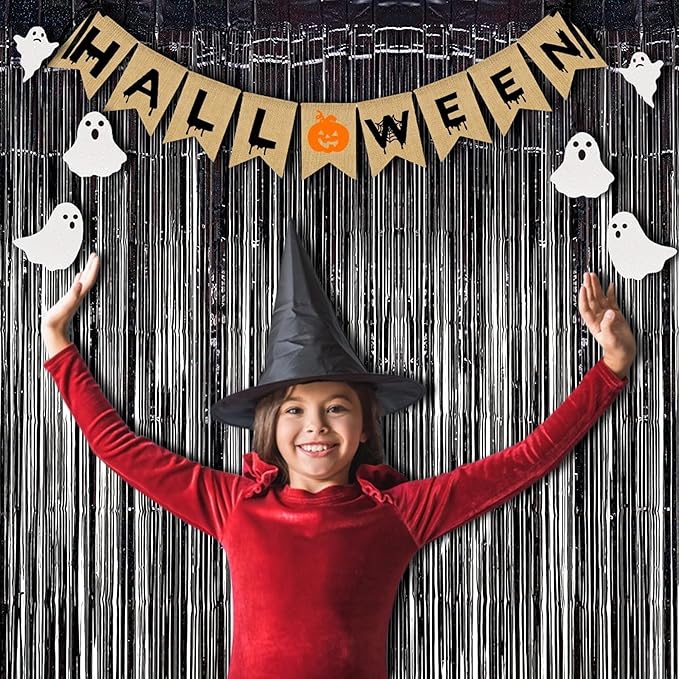 BRAVESHINE Black Halloweens Party Foil Fringe Curtains - 2 Pack Metallic Tinsel Photo Booth Streamers Backdrop for Birthdays, Stranger Theme, Music, Prom, Christmas Party Decorations