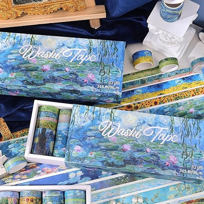 32 Rolls Washi Tape Set, Colored Van Gogh Patterns Decorative Masking Tape, Vintage Artists Tapes for Journaling, Junk Journal, DIY Craft Projects, Scrapbooking Supplies Decor