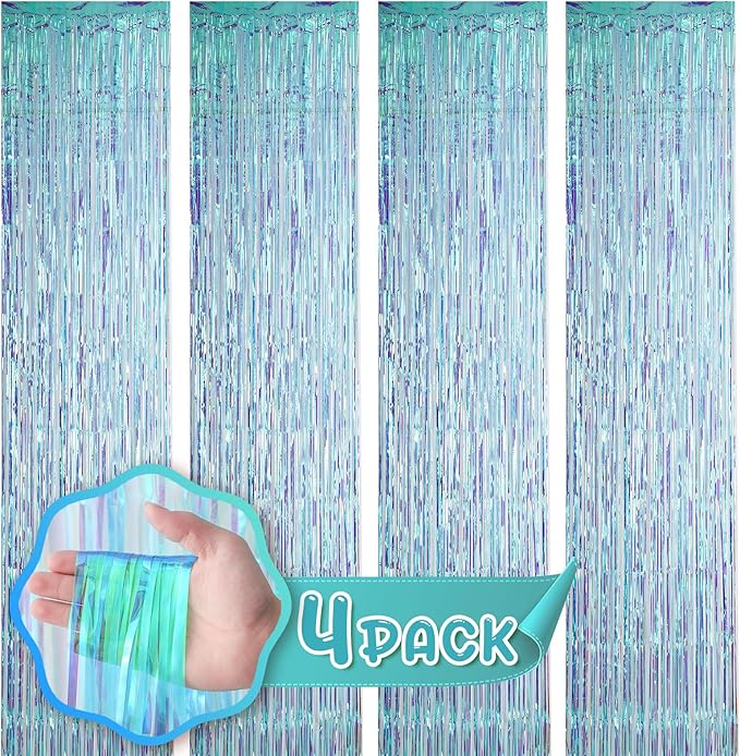 4 Pack 3.3x8.2 Feet Neon Iridescent Foil Fringe Backdrop Curtains, Tinsel Streamers Birthday Party Decorations, Fringe Backdrop for Graduation, Baby Shower, Gender Reveal, Disco Party