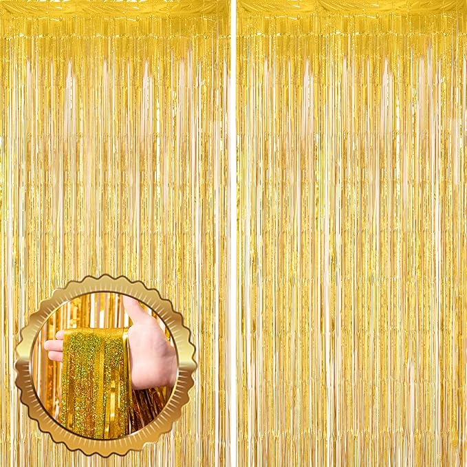 2 Pack Laser Gold Tinsel Foil Fringe Curtains, Gold Party Decorations, Metallic Tinsel Party Streamers Backdrop for Birthday Baby Shower Graduation Wedding New Years Party Decorations