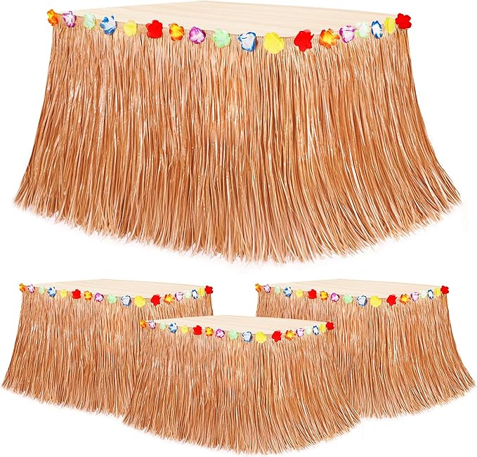4PCS Hawaiian Table Skirt Decor, Luau Themed Grass Table Skirt Party Decorations, 108 X 29.5" Flower Tropical Hula Dance Parties Supplies, Table Skirt Bulk for Summer Beach Themed Activities