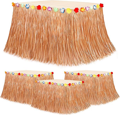 4PCS Hawaiian Table Skirt Decor, Luau Themed Grass Table Skirt Party Decorations, 108 X 29.5" Flower Tropical Hula Dance Parties Supplies, Table Skirt Bulk for Summer Beach Themed Activities