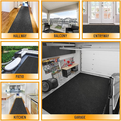 Ottomanson 2'7" x 35' Hallway Runner with Scraper Pile - Extra Durable Non-Slip Rug Mat for Indoor & Outdoor Use - Ideal for Kitchen, Entryway & Garage - High-Traffic Carpet, Black