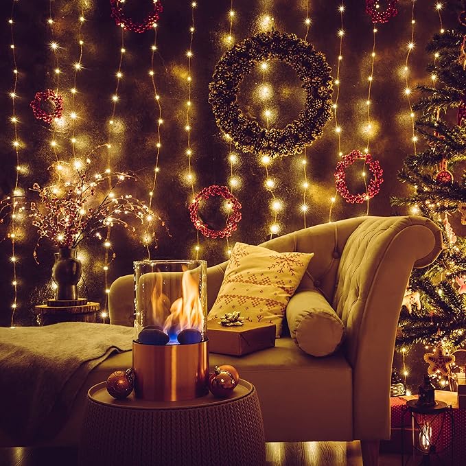 Curtain Window String Lights 6.5 x 5 Feet LED Copper Tapestry Backdrop Twinkle Fairy Lights Battery Operated 8 Modes Lights Remote Control USB Powered Light Above Bed for Wedding Party