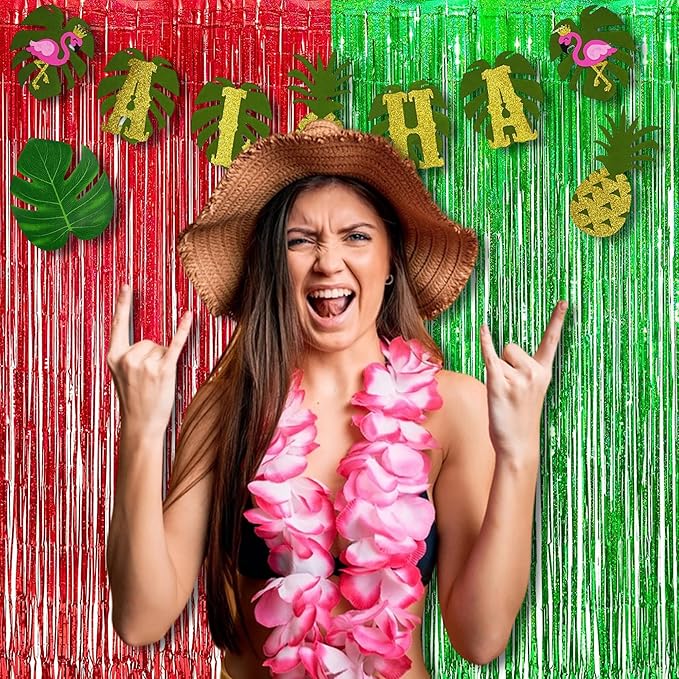BRAVESHINE Tinsel Foil Fringe Curtains - 2 Pack 3.2 x 8.2 ft Metallic Photo Booth Streamer Backdrops for Birthdays Fiestas Melons Hawaiian Luau Tropical-Theme Christmas Party Decorations - Red Green