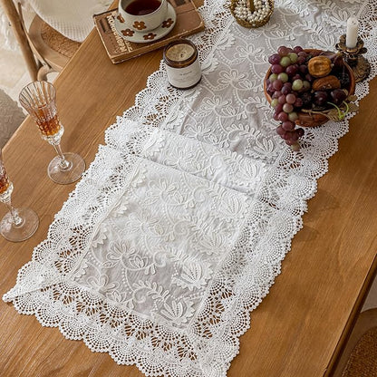 White Elegant Vintage Lace Table Runner,Wedding Lace Decor with Floral Embroidery,Tea Party Decor (White, 13.8X47 Inches)