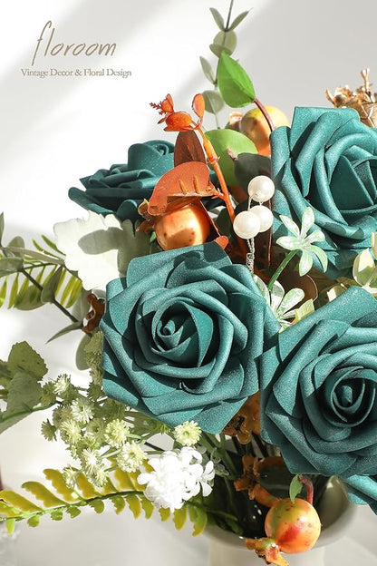 Floroom Artificial Flowers 25pcs Real Looking Dark Teal Foam Fake Roses with Stems for DIY Wedding Bouquets Bridal Shower Centerpieces Floral Arrangements Party Tables Home Decorations