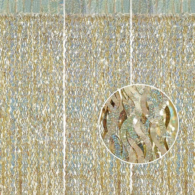 Champagne Gold Foil Fringe Backdrop - CYLMFC 3 Pack 3.3 ft x 6.6 ft Sparkle Tinsel Foil Fringe Backdrop Curtains for Birthday Anniversary Retirement Party Decorations