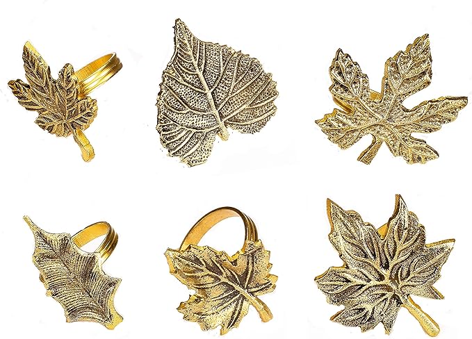 6-Piece Metal Napkin Rings - Antique Gold Harvest Leaf Napkin Rings - Decorative Table Accents for Holiday Party, Dinner, Family Gatherings, Table Décor Weddings & Everyday Use - ALPHA Living HOME