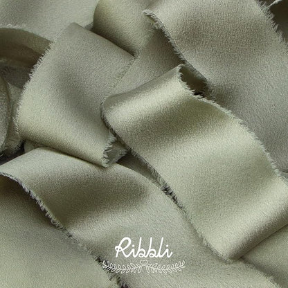 Ribbli Dusty Sage Green Silk Satin Ribbon 1.5 Inch x 12 Yard Handmade Frayed Chiffon Ribbon with Wooden Spool for Gift Wrapping, Wedding Invitations, Bridal Bouquets, Home Decor