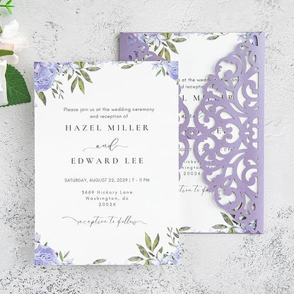20Pcs Lilac Laser Cut Invitation Cards With Blank Inner Sheets for Wedding Cards Bridal Shower Engagement Quinceanera Invitation (No Envelopes)