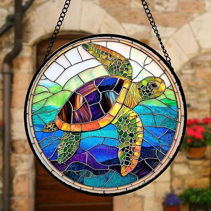 Stained Glass Window Hanging, Colored Turtle Ocean Suncatcher Diamond Glass Panel Hangings Marine Life Sun Catchers Decor for Birthday for Women, Men, Wife, Aunt, Mom 11.8 in