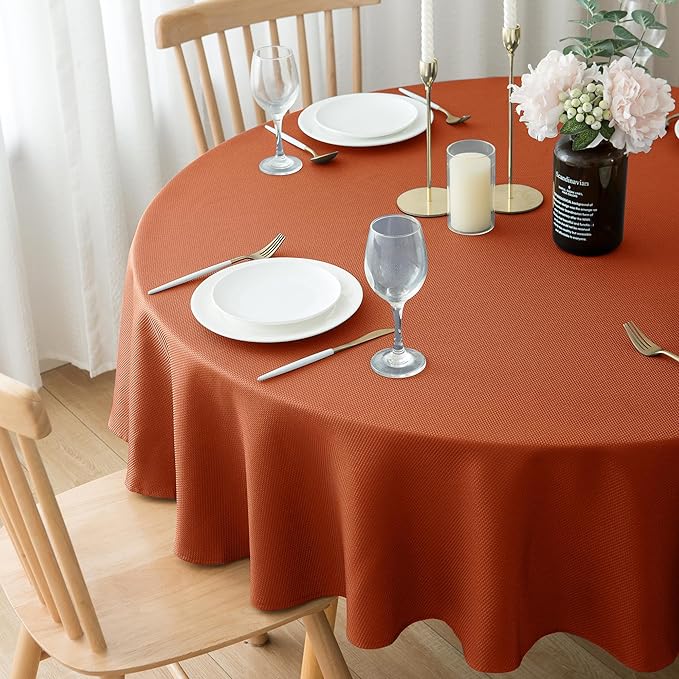 Biscaynebay Fall Tablecloth Textured Fabric Round Table Cloth 60" for Tables diameters from 28" to 48", Rust Thanksgiving Autumn Harvest Water Resistant Fabric Table Cover for Kitchen, Dining, Parties