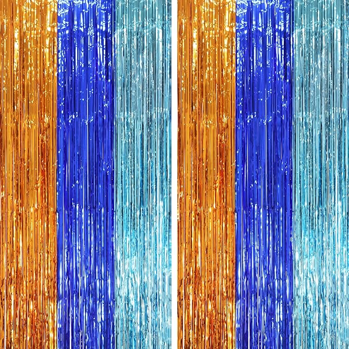 2 Pack Blue Orange Foil Fringe Backdrop Curtains, Tinsel Streamers Party Decorations, Fringe Backdrop, Door Shimmer for Birthday Party
