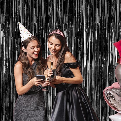 2 Pack 2025 Graduation Party Decorations, 3.28 FT x 7.05 FT Black Backdrop, Metallic Graduation Photo Backdrop Fringe Curtains Tinsel Backdrop Foil Streamer, Grad Party Supplies Photo Booth Props