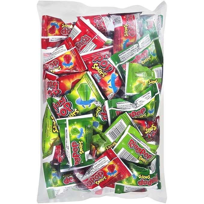 Ring Pop Sour Halloween Candy Lollipops, 30 Ct Bulk Individually Wrapped in Assorted Fruity Sour Flavors, Full Size, Hard Candy For Birthday, Party Favors, Trick or Treat, Halloween Bowls, Kids Gifts