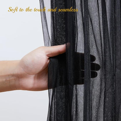 20×10ft Black Tulle Backdrop Curtain with Lights String for Parties, Sheer Photo Backdrop Curtains for Wedding Party Photography Background