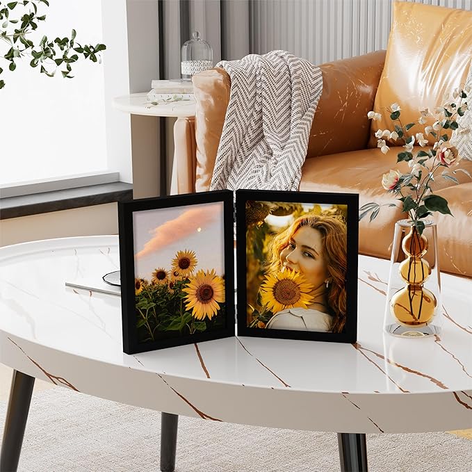 decorUhome Double 8x10 Picture Frame Vertical, Engineered Wood Bifold Photo Frame with Plexiglass for Tabletop Display, 8x10, Black
