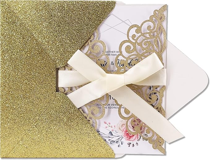 50Pcs Laser Cut Wedding Invitation With Glitter Envelopes And Ribbons Blank Personalized Card Invitaciones Para quinceañera Birthday Baby Shower Christmas Party Bridal Shower (Gold)