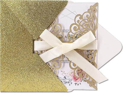 50Pcs Laser Cut Wedding Invitation With Glitter Envelopes And Ribbons Blank Personalized Card Invitaciones Para quinceañera Birthday Baby Shower Christmas Party Bridal Shower (Gold)