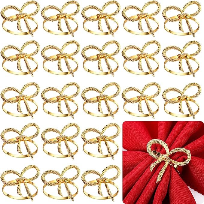 Bokon 50 Pcs Gold Napkin Rings Metal Napkin Holders Rings Bulk for Dining Anniversary Wedding Dinner Birthday Holiday Party Banquet Table Decoration (Bow Tie)