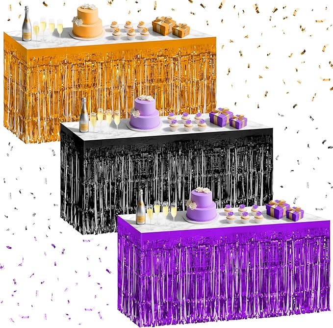 3 Pack Black Dark Purple Orange Table Skirts, 29x108" Metallic Foil Tinsel Fringe Table Skirt for Rectangle Tables Streamer Curtains Backdrop, Party Decorations for Birthdays, Weddings, Holidays