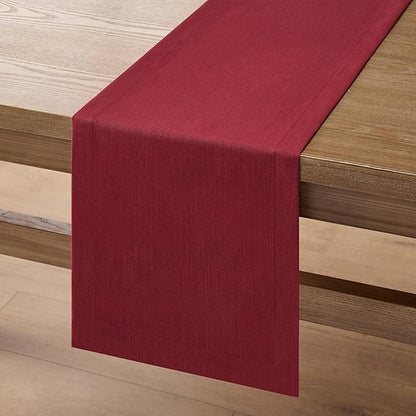 ZeeMart Linen Textured Border Table Runner, 14 x 48 Inch Red, Farmhouse Style Red Table Runners 48 Inches Long, Easy Care Everyday Polyester Table Runner