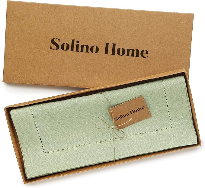 Solino Home Linen Table Runner 60 Inches - 100% Pure Linen Sage Green Hemstitch Table Runner 14 x 60 Inch Ideal for Dresser and Coffee Tables - Fall, Thanksgiving, Christmas - Classic Hemstitch
