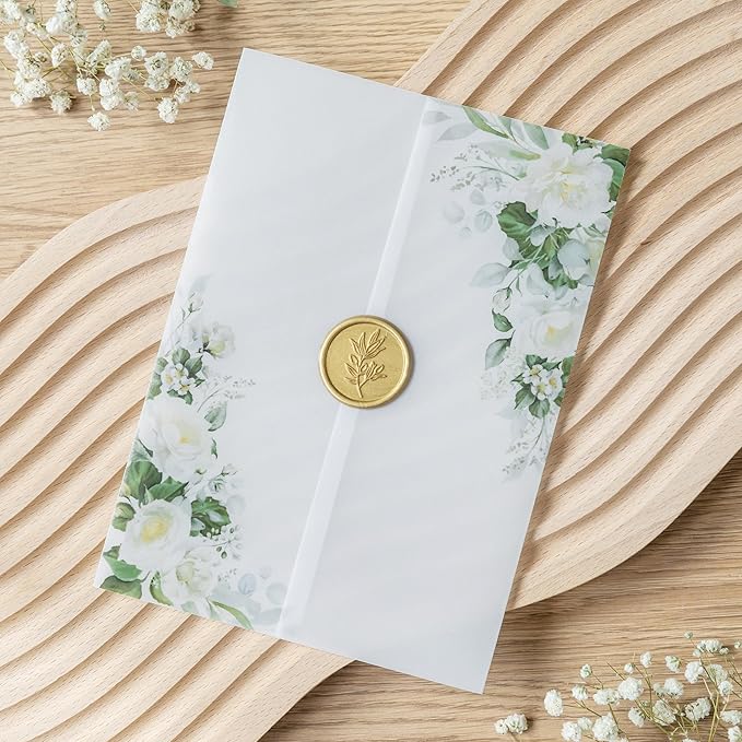 PONATIA 50 PCS Vellum Jackets for 5x7 Invitations- 135gsm White Floral Printed Vellum Sleeves, Quinceanera Wedding Invitation Cards Wraps, Green Flower Transparent Jacket