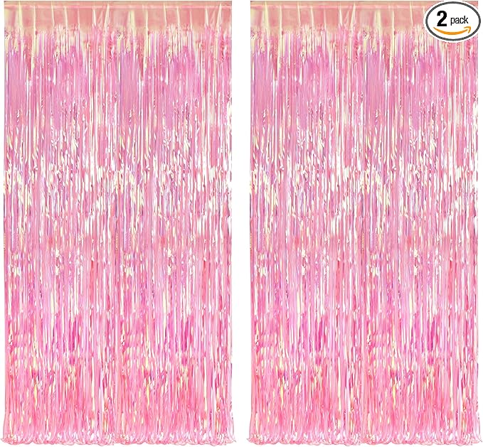 BRAVESHINE Clear Pink Streamers Party Decorations Iridescent Foil Fringe Backdrop - 2 Pack 3.2 x 6.5 ft Holographic Tinsel Curtain Party Photo Backdrop for Valentine’s Girl Birthdays Engagement Decor
