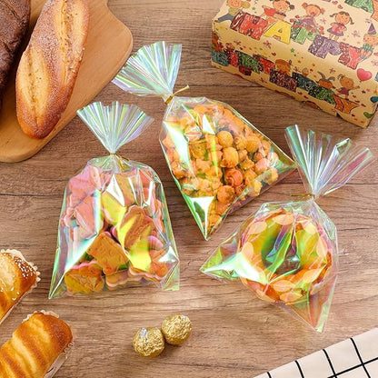SUREHOME Cellophane Bags, 100 Pcs 6x10 Inches Clear Treat Bags with Ties Plastic Gift Bag Holographic Iridescent Pink Goodie Bag for Party Favors Wedding Candy Valentine Snack Popcorn Cookies Packing