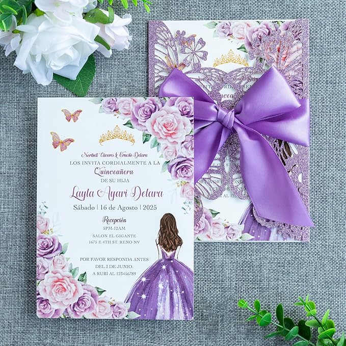 20 PCS 5.12x7.2 Butterfly Personalized Quinceanera Invitation, Customized XV Anos Laser Cut Invitation Cards with Envelopes (Purple Glitter Personalized)