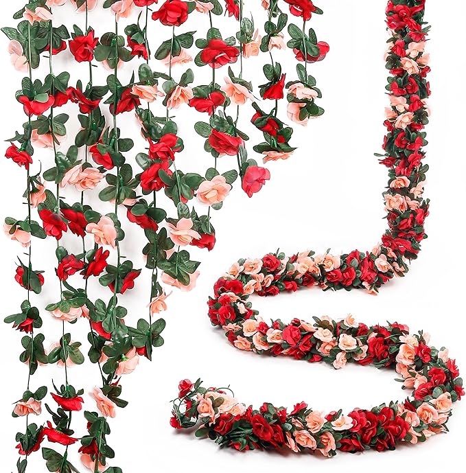 Miracliy 5 Pack 47 FT Fake Rose Vine Flowers Plants Artificial Flower Hanging Rose Ivy Home Hotel Office Wedding Party Garden Craft Art Déco