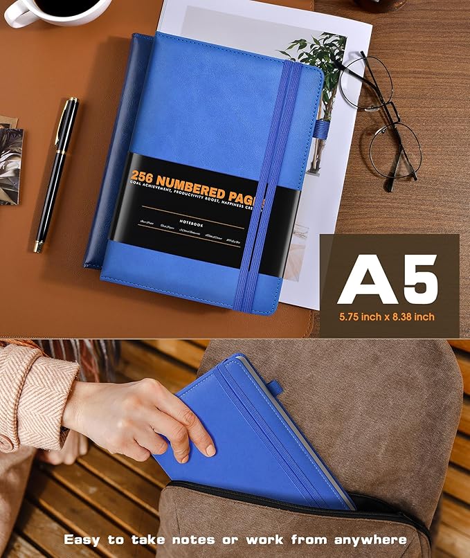 Lined Journal Notebook for Women Men, 256 Numbered Pages Hardcover Leather Journals for Writing, A5 Journaling Notebooks, College Ruled Journal for Business Work School Note Taking 5.75" x 8.38" Blue