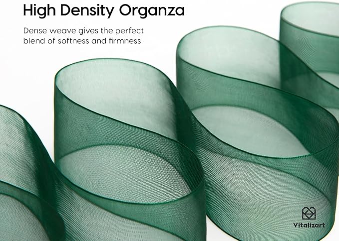 Vitalizart Green Organza Ribbon 1.5" x 30 Yd Sheer Ribbons Dark Green for Christmas Decor Gift Wrapping Crafts Bows Wedding Invitations Wreaths Bouquet