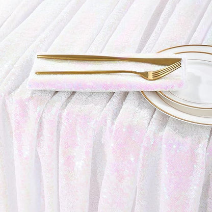 QueenDream Sparkly Sequin Tablecloth - White Iridescent Table Cloth 50x80 Inches Rectangle Table Overlay Fabric for Birthday Parties Baby Shower Decoration